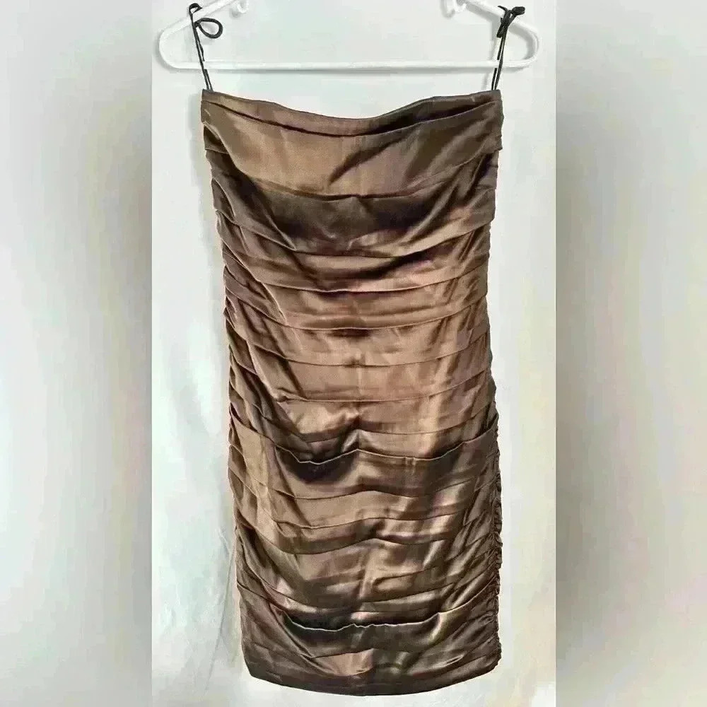 Alice + Olivia Strapless Ruched Silk Mini Dress (Brown)